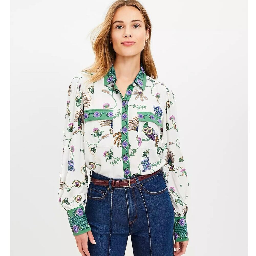LOFT White Floral Paisley Button-Up Blouse with Green & Purple Trim
